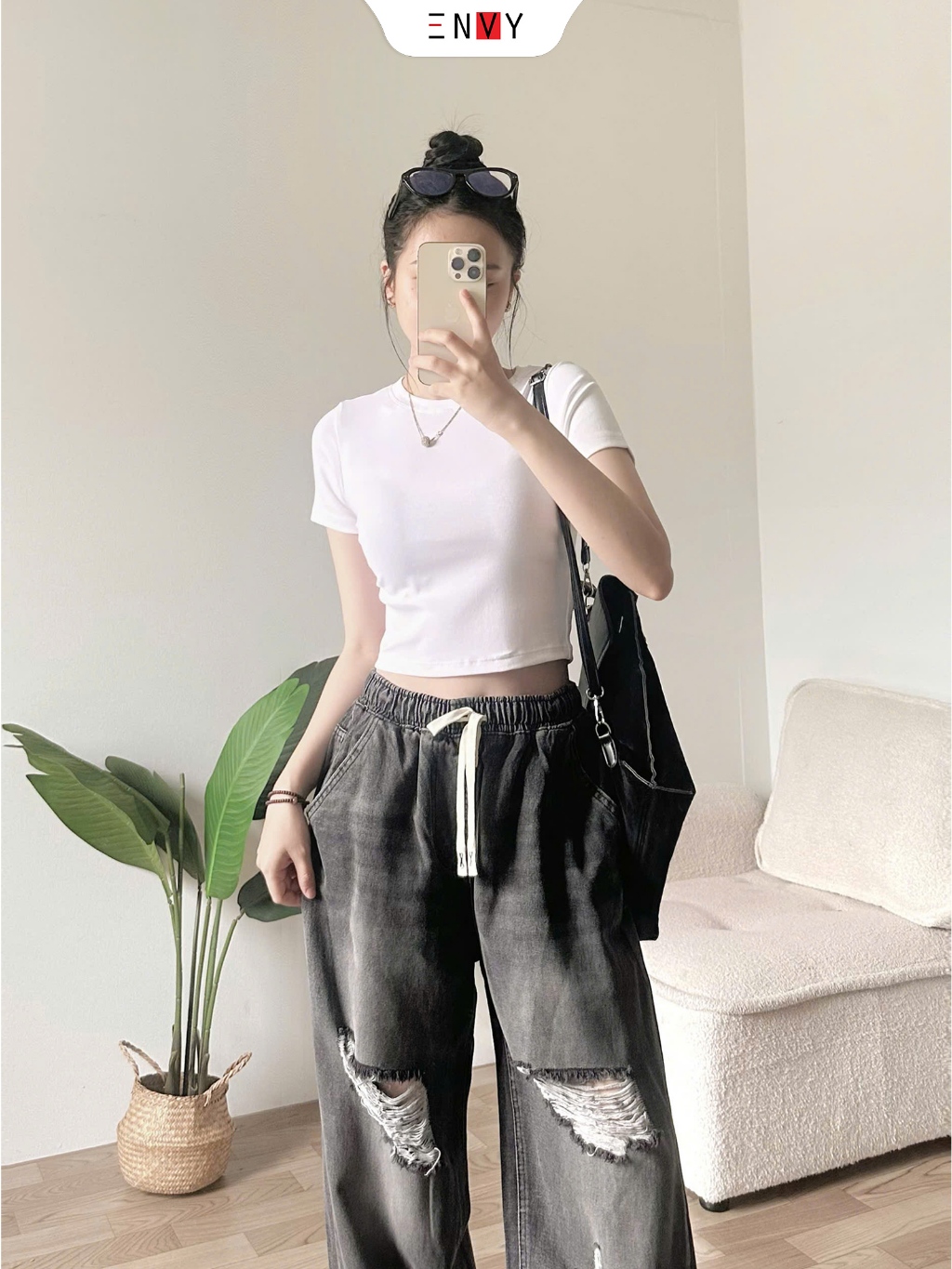 Ảnh Quần Jean Ống Rộng Phối Rách Lưng Thun (trên 100cm) Freesize J159 4