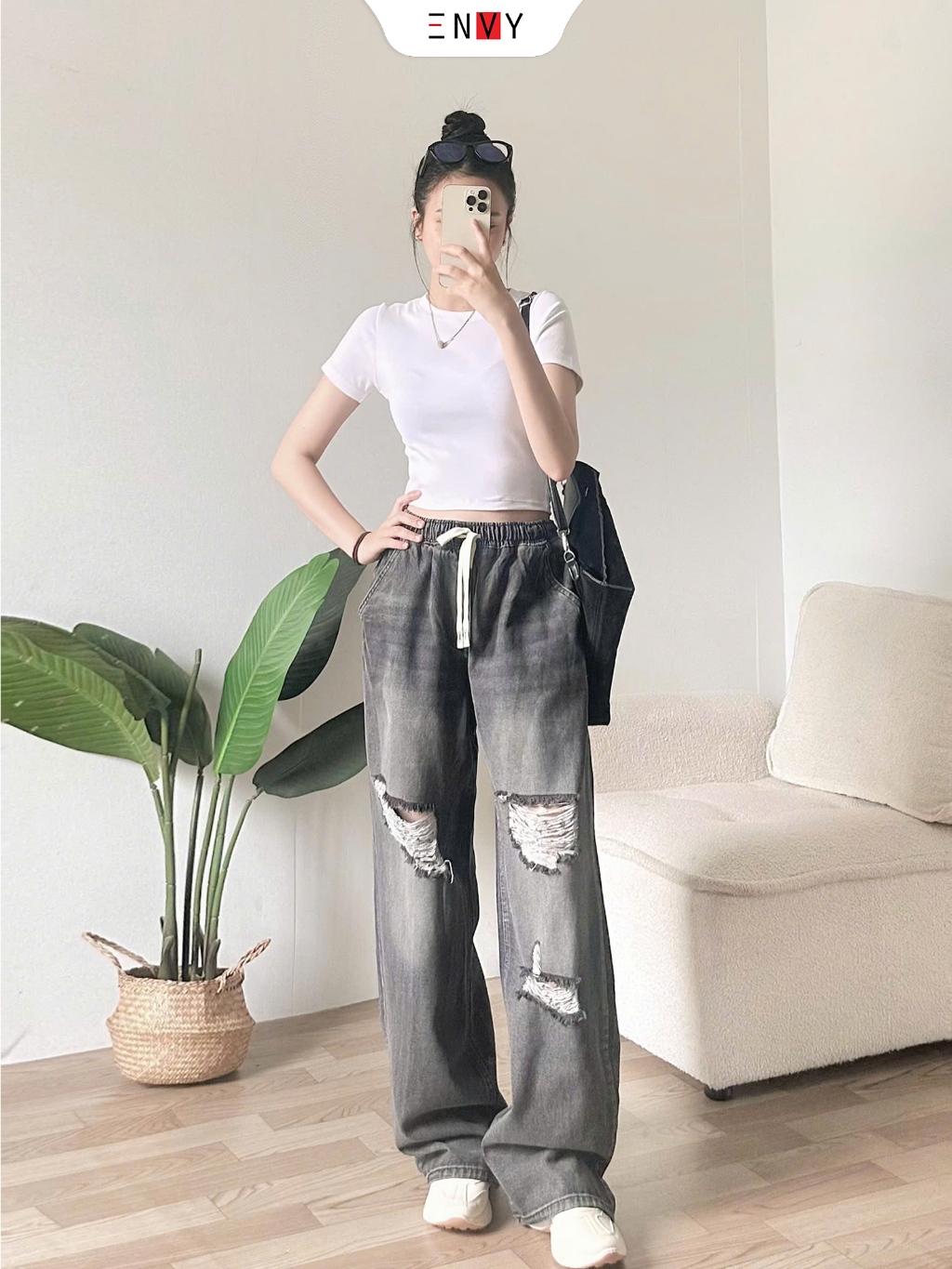 Ảnh Quần Jean Ống Rộng Phối Rách Lưng Thun (trên 100cm) Freesize J159 1