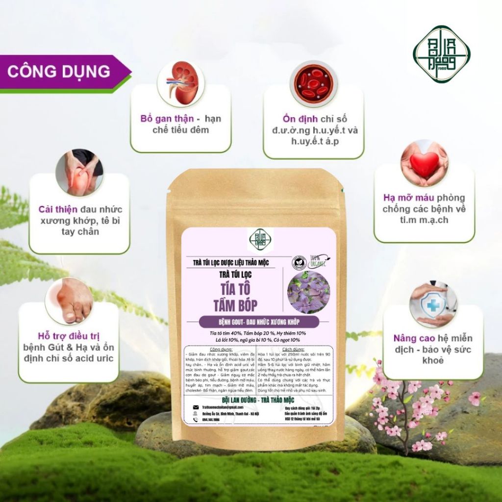 Trà tía tô tầm bóp - BỘI LAN ĐƯỜNG - hạ acid uric, giảm đau nhức xương khớp, giảm cân - túi 50 lọc