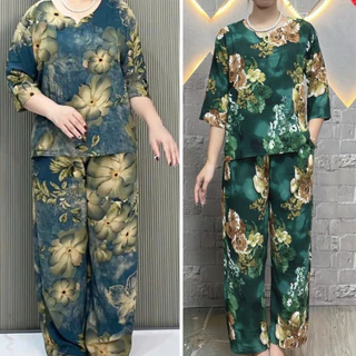 Bộ Lụa Hàn Châu Cho Mẹ Chất Liệu Lụa Mịn Mát Bộ Đồ Trung Niên Quần Dài Tay Lỡ Hoa Văn To