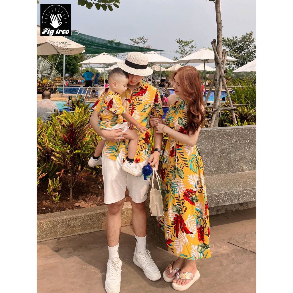 Áo Váy Gia Đình Fig Tree Họa Tiết Chiếc Lá Vàng Mùa Hè, chất dày dặn Hàng thiết kế nhiều size MS 182