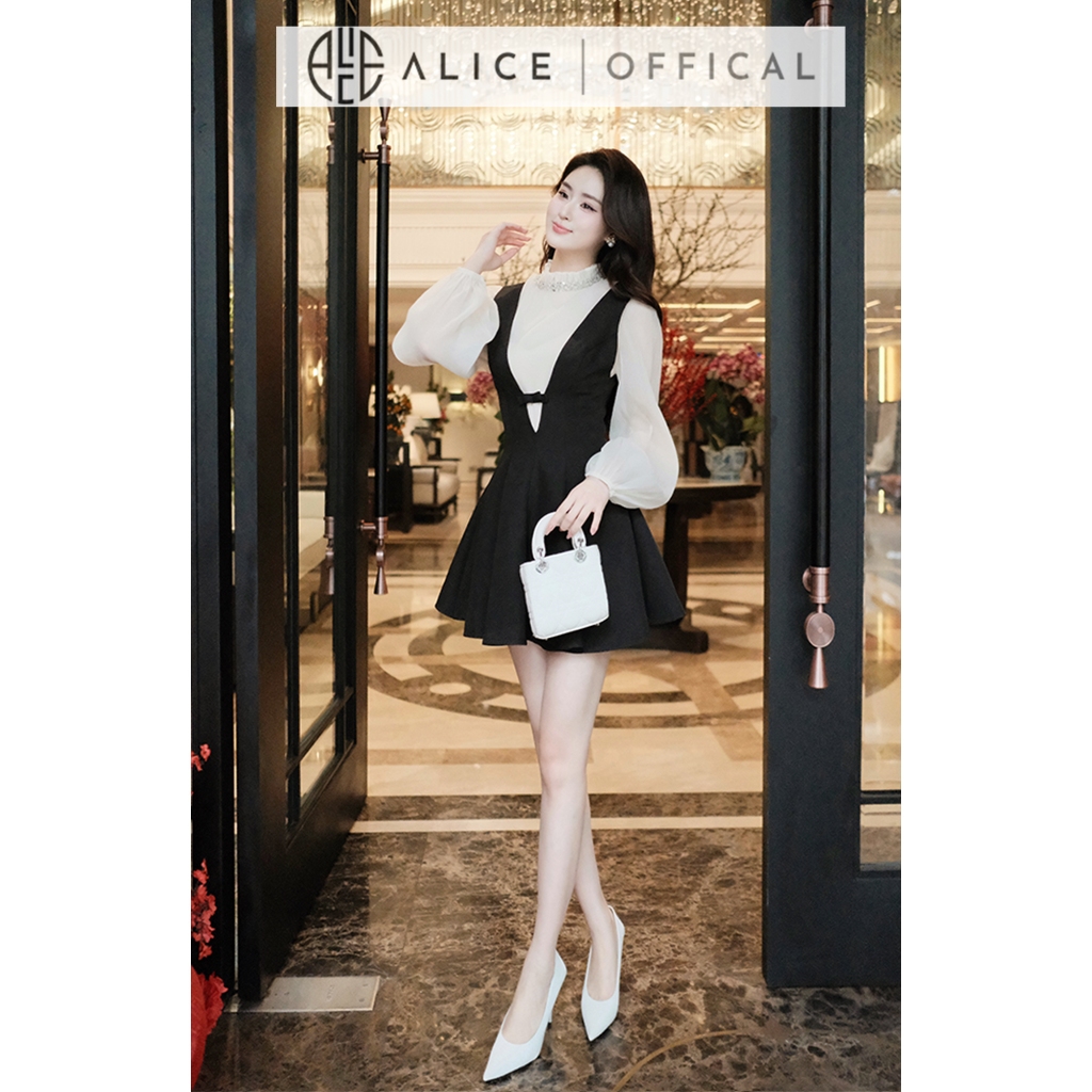 Ảnh Set Váy Nữ Tiểu Thư Alice, Váy Yếm Ôm Eo Chất Chéo Rubi Dáng Xòe Ngắn Phối Áo Tơ Xốp Cổ Đính Đá Tay Bồng S831 4
