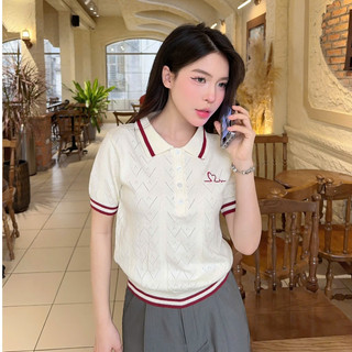 Áo len nữ ngắn tay phối cổ bẻ polo dệt kim trám bề mặt len lông thỏ phối cúc thêu hình PL16 DELIZ