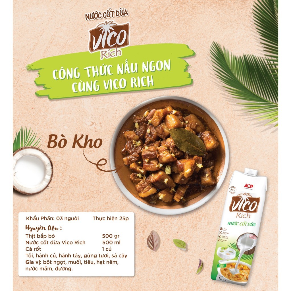 Nước Cốt Dừa VICO RICH ACP Hộp 330ml Và 1L, Hương Vị Đậm Đà Vị Dừa Tự Nhiên Thơm Ngon Bổ Dưỡng