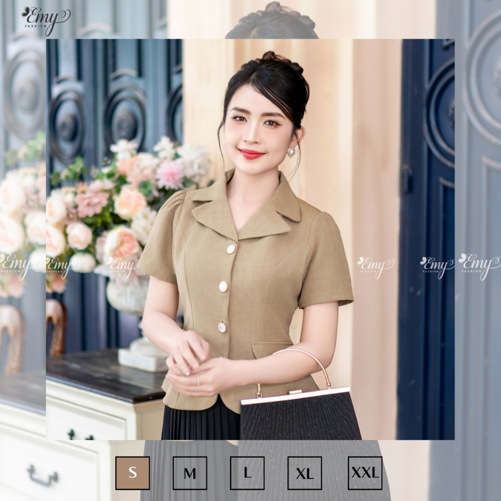 Ảnh Áo Kiểu Nữ Công Sở EMY Thời Trang Thanh Lịch A9476 Cổ Danton Sang Trọng, Thiết Kế Dự Tiêc Màu Nâu 2