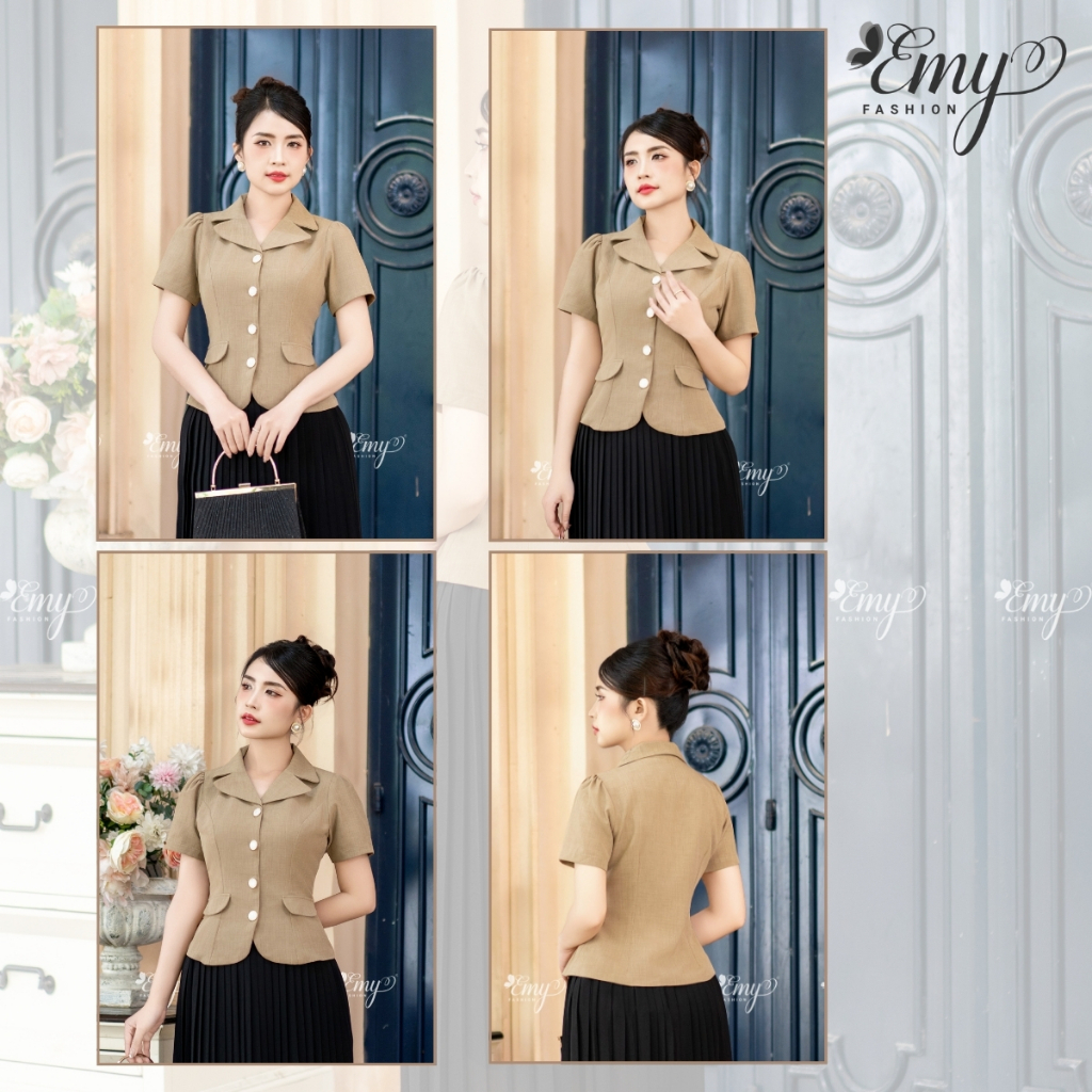 Ảnh Áo Kiểu Nữ Công Sở EMY Thời Trang Thanh Lịch A9476 Cổ Danton Sang Trọng, Thiết Kế Dự Tiêc Màu Nâu 3