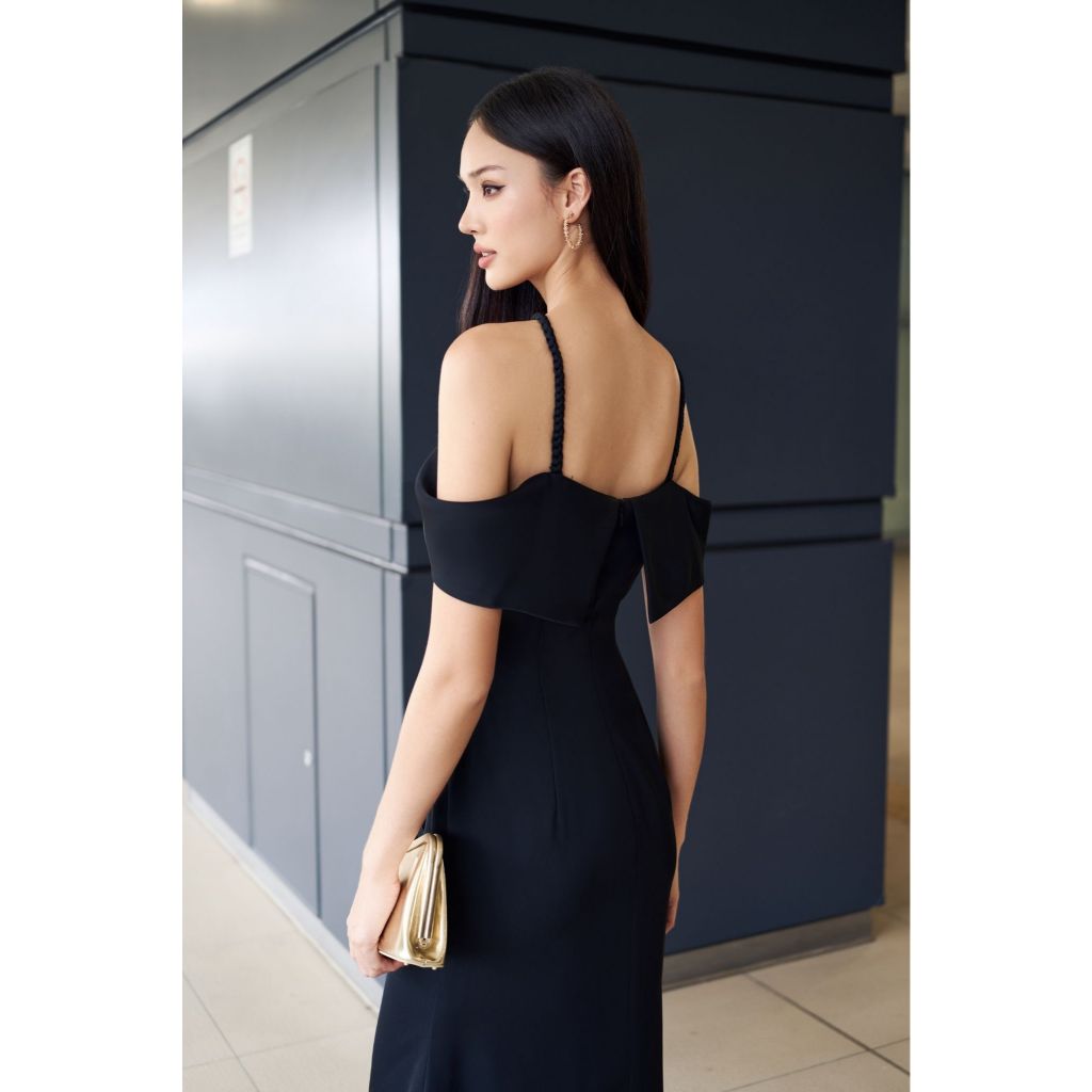 Vella Fashion đầm dự tiệc bèo vai dây tết xếp ly sườn VD24132 - DIANA dress