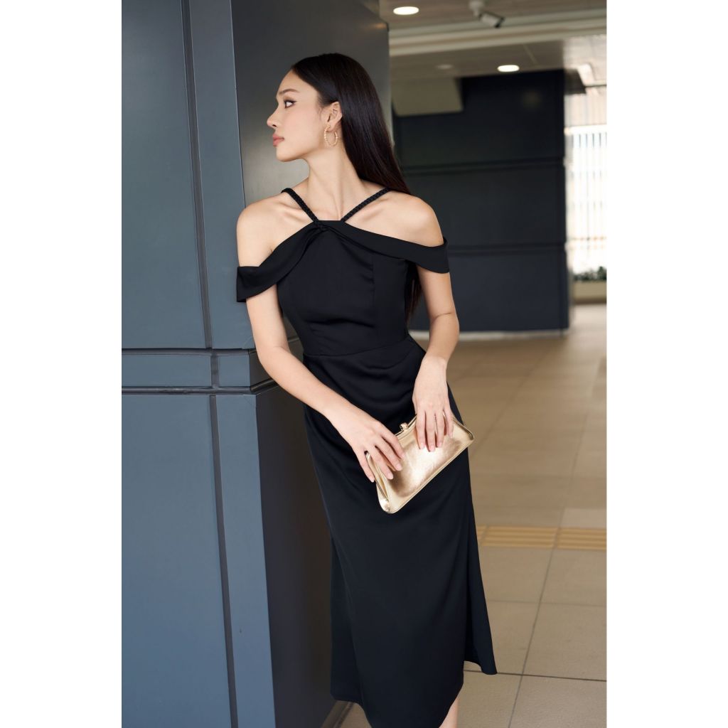 Vella Fashion đầm dự tiệc bèo vai dây tết xếp ly sườn VD24132 - DIANA dress