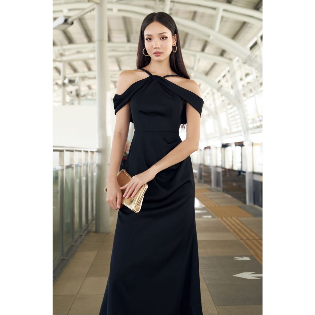 Vella Fashion đầm dự tiệc bèo vai dây tết xếp ly sườn VD24132 - DIANA dress