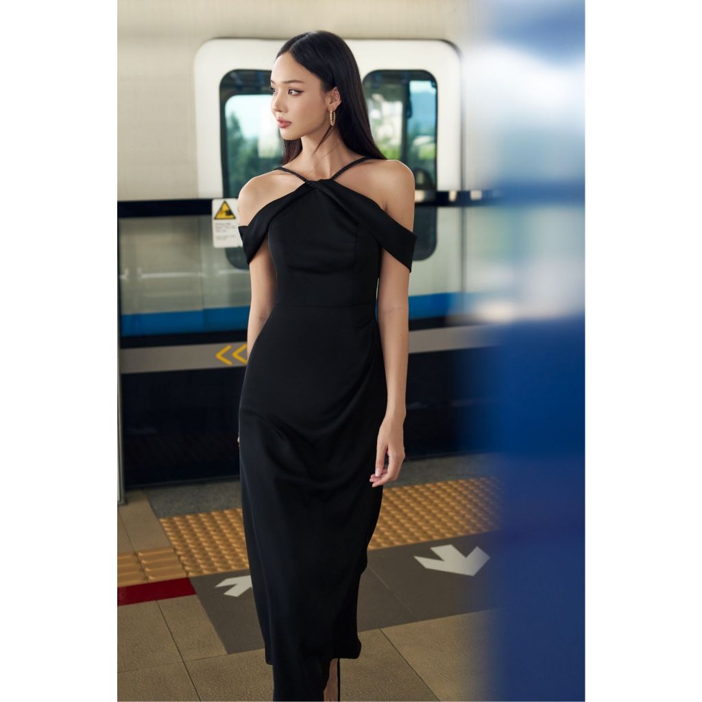 Vella Fashion đầm dự tiệc bèo vai dây tết xếp ly sườn VD24132 - DIANA dress