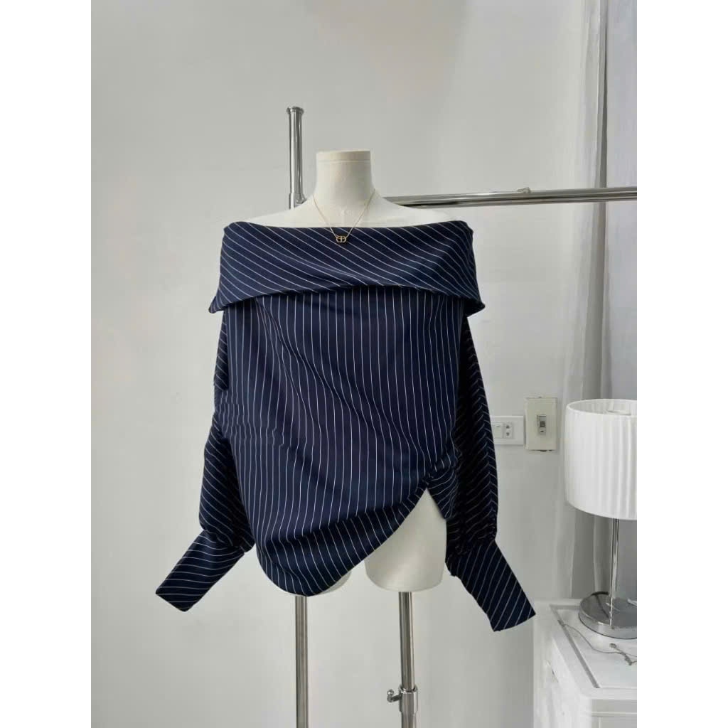 Áo Trễ Vai Kẻ Sọc Xanh Than Tay Bồng Cách Điệu, Áo Kiểu Nữ Ống Rộng Sang Chảnh - CHAMIE STUDIO
