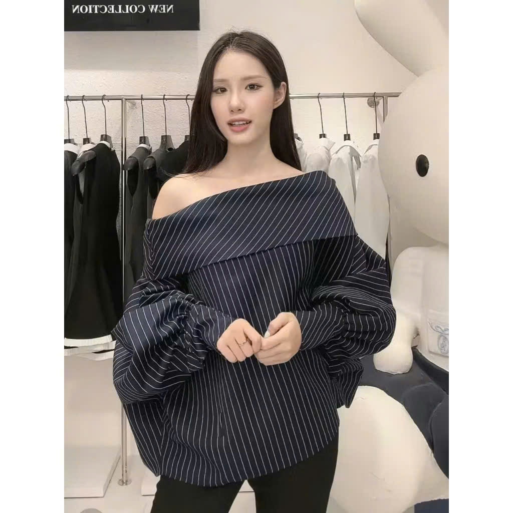 Áo Trễ Vai Kẻ Sọc Xanh Than Tay Bồng Cách Điệu, Áo Kiểu Nữ Ống Rộng Sang Chảnh - CHAMIE STUDIO