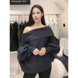 Áo Trễ Vai Kẻ Sọc Xanh Than Tay Bồng Cách Điệu, Áo Kiểu Nữ Ống Rộng Sang Chảnh - CHAMIE STUDIO