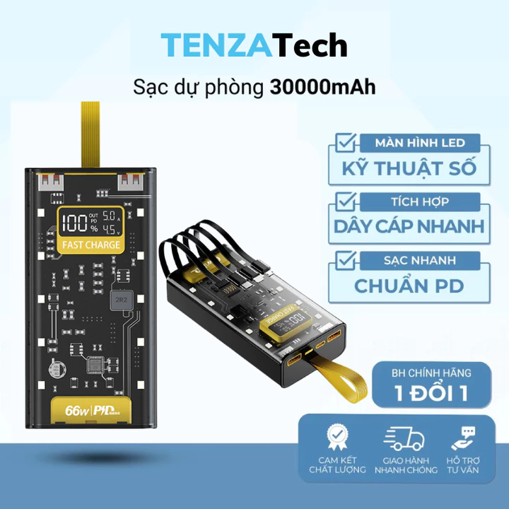 Sạc dự phòng trong suốt 30000mah với 2 cổng sạc nhanh 22,5W và PD 120W,pin dự phòng nhiều đầu sạc màn hình led TEN