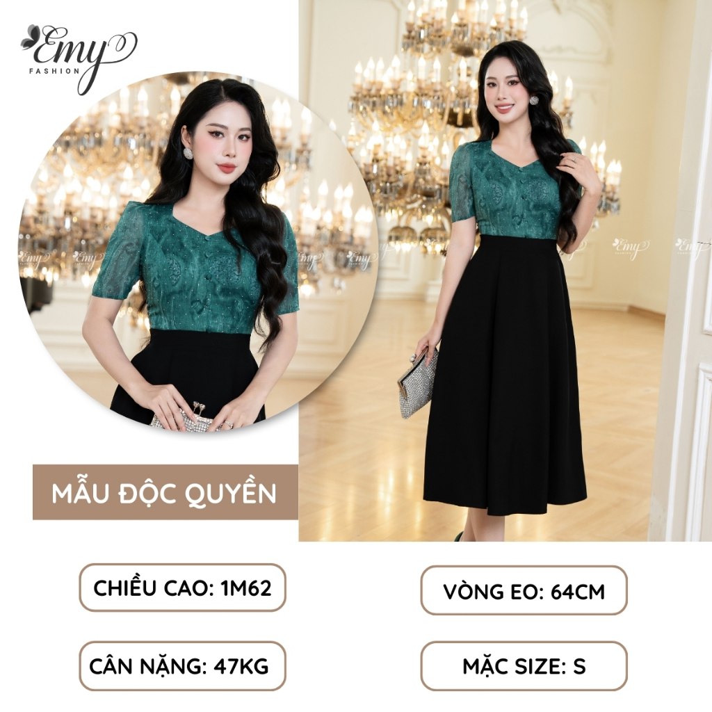 Ảnh Đầm Công Sở EMY Cao Cấp EM9436 Dáng Xoè Sang Trọng, Thiết Kế Dự Tiệc Cổ Lục Giác Vải Tơ Kaki Xếp Ply Phối Đen Xanh 1