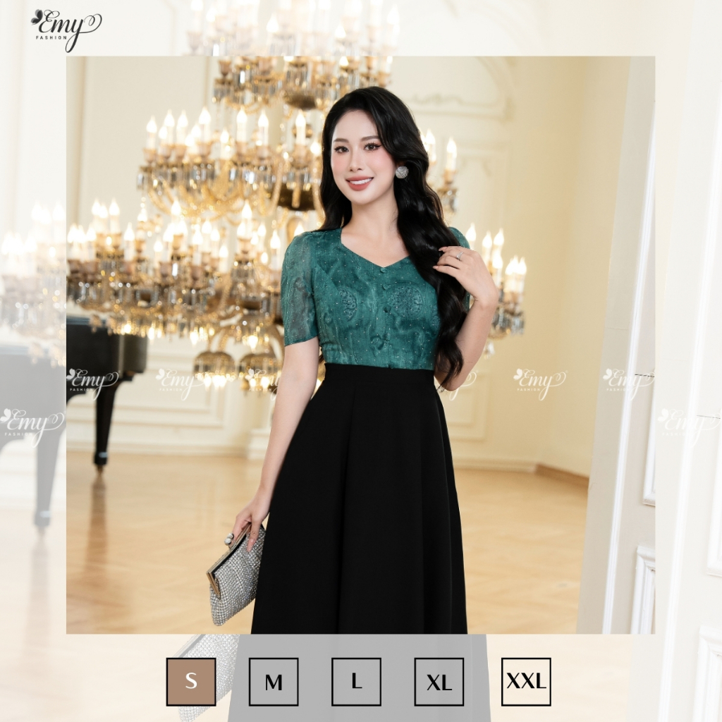Ảnh Đầm Công Sở EMY Cao Cấp EM9436 Dáng Xoè Sang Trọng, Thiết Kế Dự Tiệc Cổ Lục Giác Vải Tơ Kaki Xếp Ply Phối Đen Xanh 2