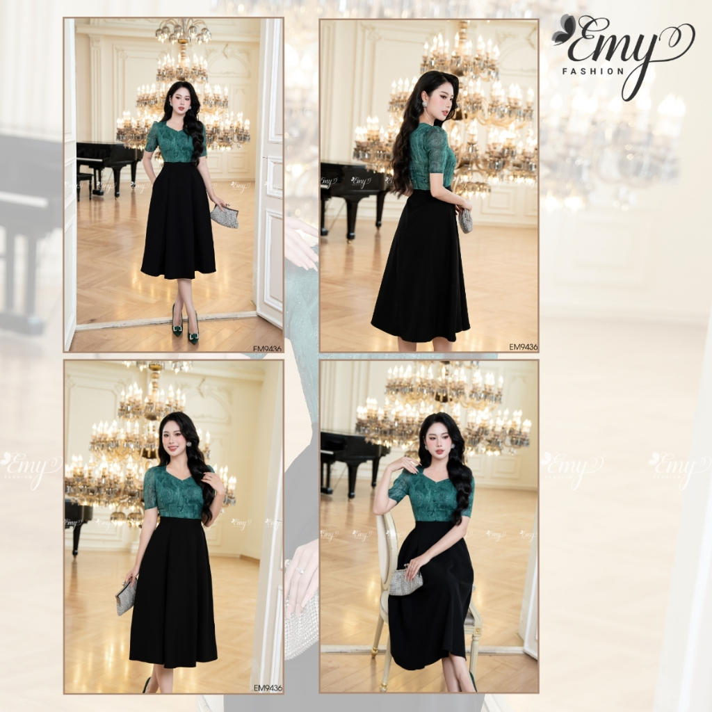 Ảnh Đầm Công Sở EMY Cao Cấp EM9436 Dáng Xoè Sang Trọng, Thiết Kế Dự Tiệc Cổ Lục Giác Vải Tơ Kaki Xếp Ply Phối Đen Xanh 3
