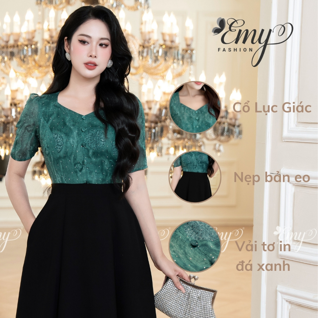 Ảnh Đầm Công Sở EMY Cao Cấp EM9436 Dáng Xoè Sang Trọng, Thiết Kế Dự Tiệc Cổ Lục Giác Vải Tơ Kaki Xếp Ply Phối Đen Xanh 4