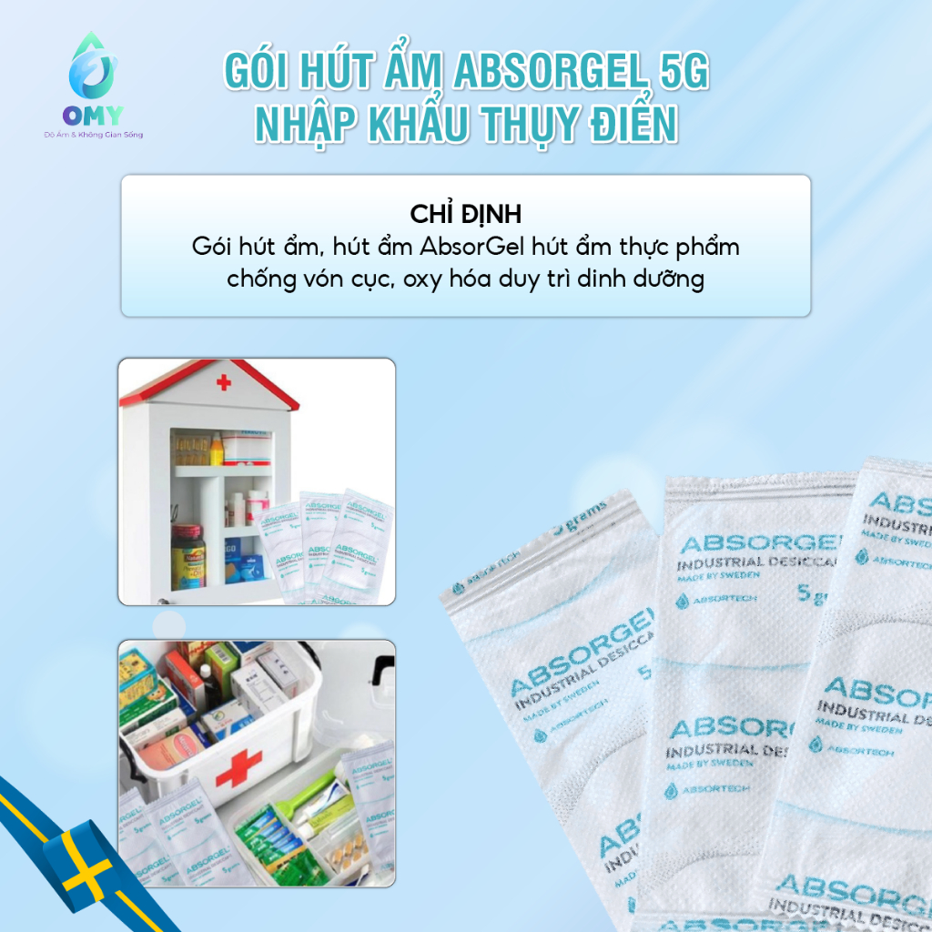 Gói hút ẩm thực phẩm dược phẩm Absorgel nhập khẩu Thụy Điển đảm bảo dinh dưỡng chống hiện tượng mốc