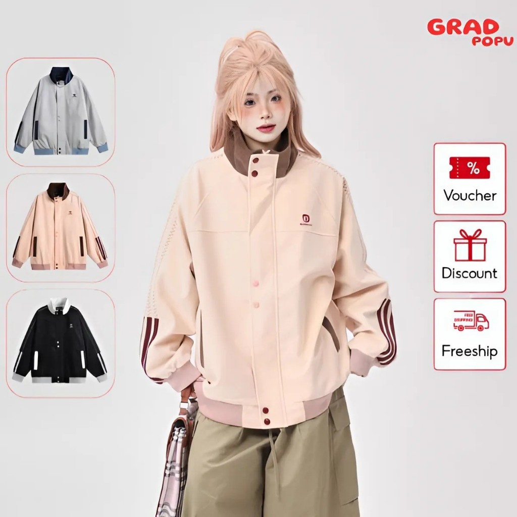 Áo khoác nữ GRADPOPU PPAK05 cổ đứng dáng rộng thiết kế khuy bấm nối rời độc đáo, kẻ sọc mix màu phong cách retro Mỹ
