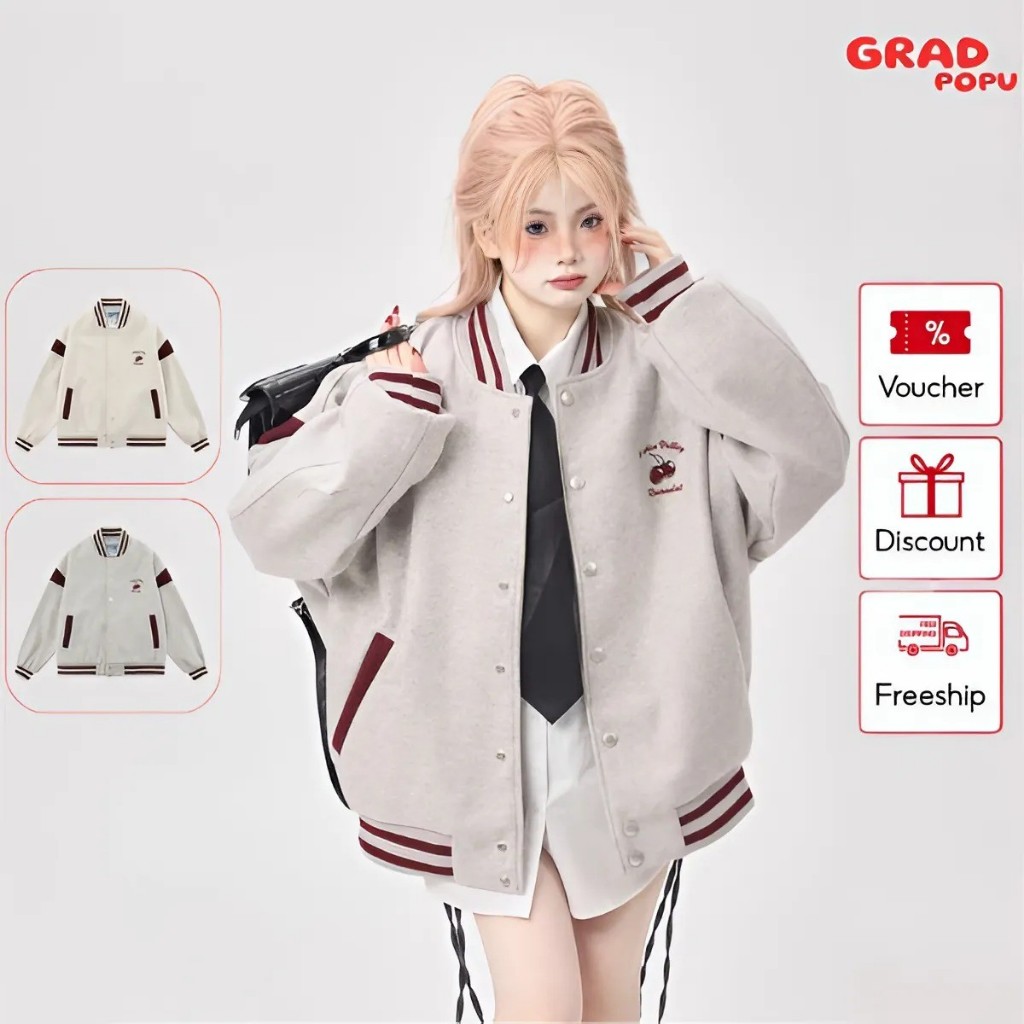 Áo khoác nữ GRADPOPU PAK08 phối sọc năng động chất nỉ dày dặn siêu ấm, áo khoác bóng chày dáng rộng phong cách Hàn Quốc