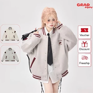 Áo khoác nữ GRADPOPU PAK08 phối sọc năng động chất nỉ dày dặn siêu ấm, áo khoác bóng chày dáng rộng phong cách Hàn Quốc