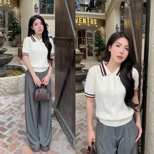 Áo len polo ngắn tay cổ bẻ phối cúc kẻ viền chất len lông thỏ hàng thiết kế DELIZ PL15 thanh lịch công sở