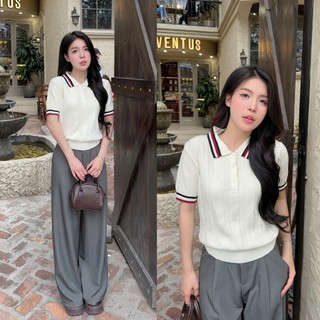 Áo len polo ngắn tay cổ bẻ phối cúc kẻ viền chất len lông thỏ hàng thiết kế DELIZ PL15 thanh lịch công sở
