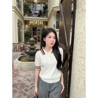 Áo len polo ngắn tay cổ bẻ phối cúc kẻ viền chất len lông thỏ hàng thiết kế DELIZ PL15 thanh lịch công sở