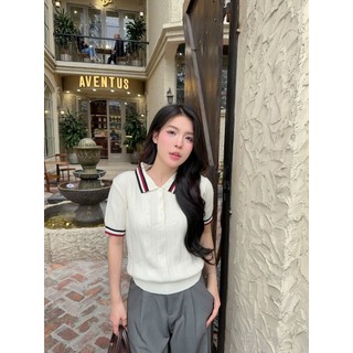 Áo len polo ngắn tay cổ bẻ phối cúc kẻ viền chất len lông thỏ hàng thiết kế DELIZ PL15 thanh lịch công sở