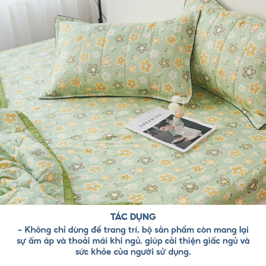 Set 4 món chăn ga gối cao cấp họa tiết hoa chất liệu siêu mịn thiết kế trẻ trung