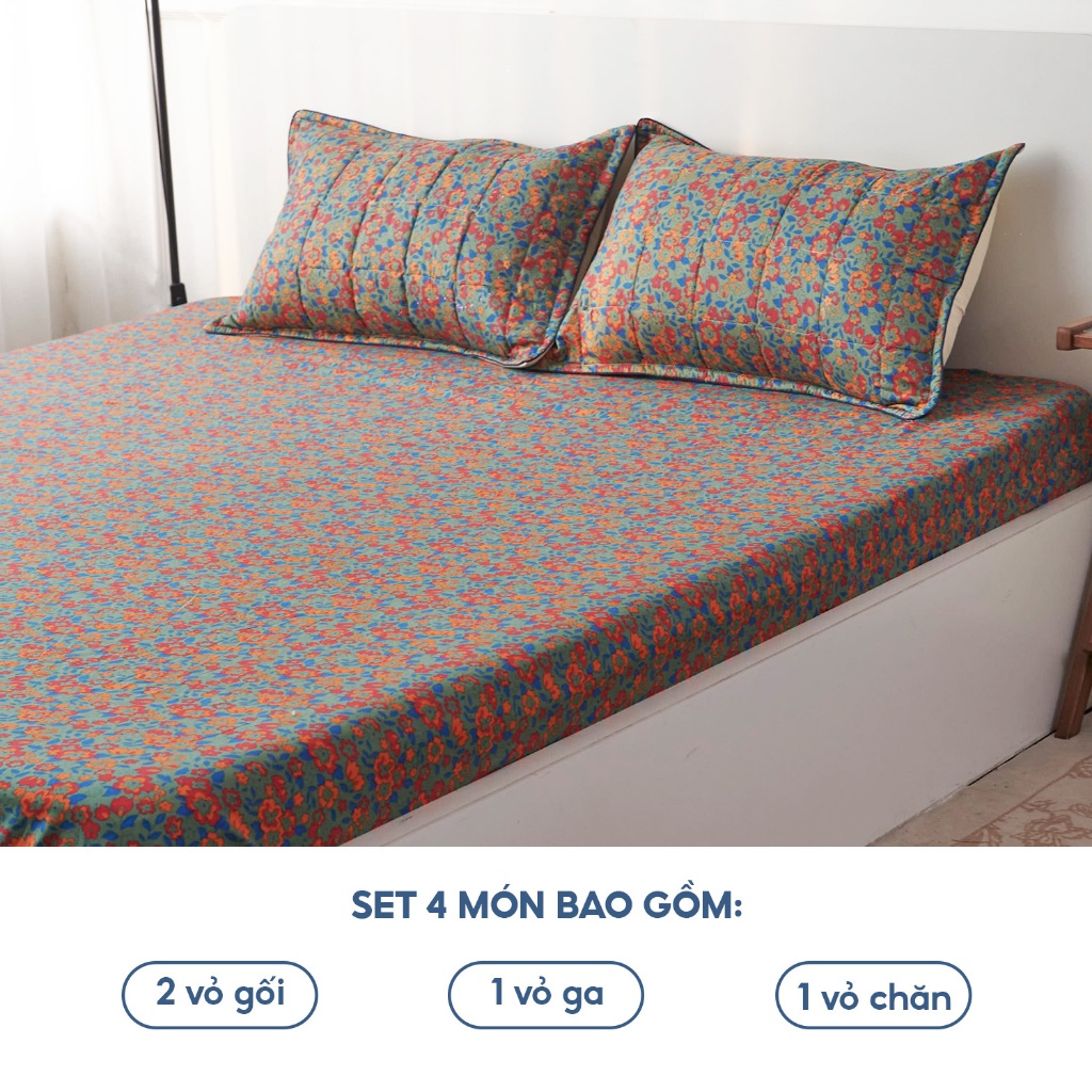 Set 4 món chăn ga gối cao cấp họa tiết hoa chất liệu siêu mịn thiết kế trẻ trung