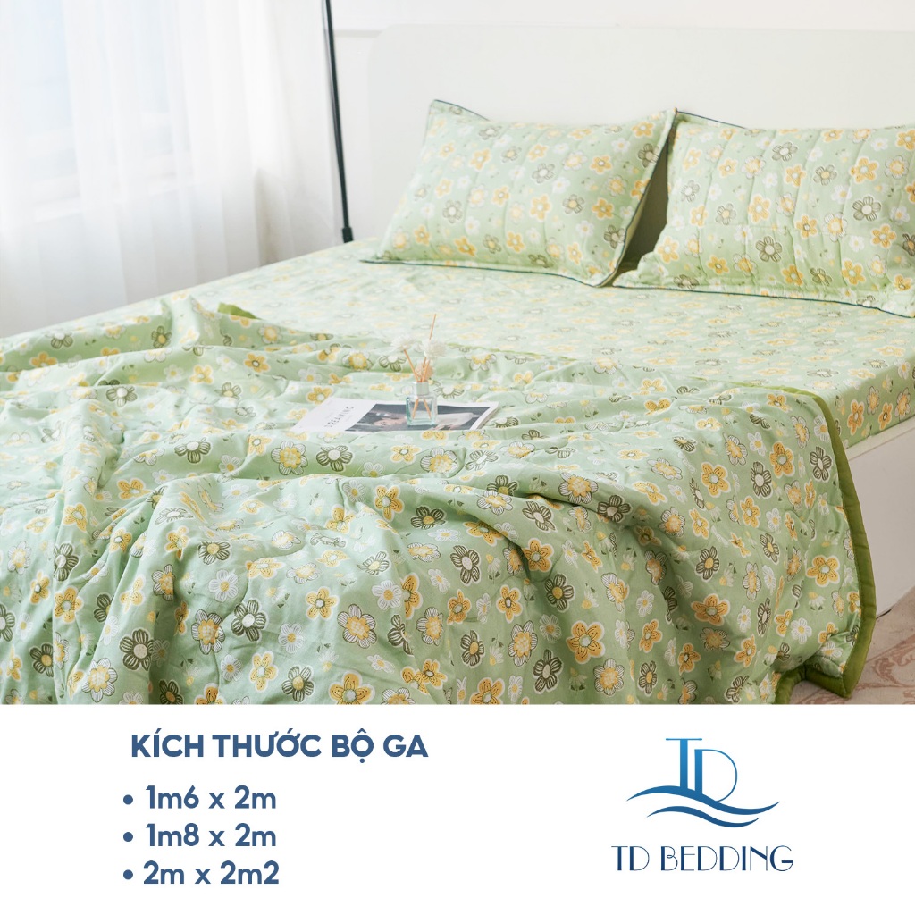 Set 4 món chăn ga gối cao cấp họa tiết hoa chất liệu siêu mịn thiết kế trẻ trung