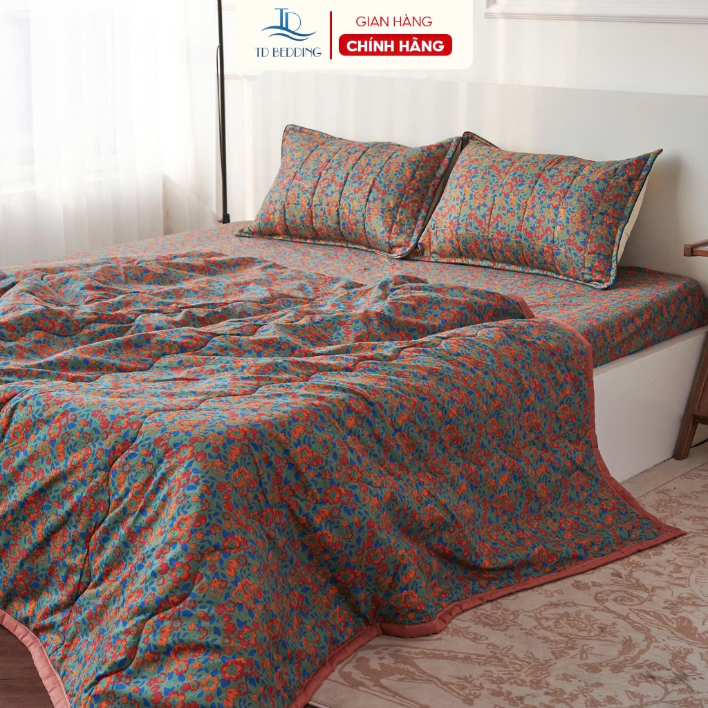 Set 4 món chăn ga gối cao cấp họa tiết hoa chất liệu siêu mịn thiết kế trẻ trung