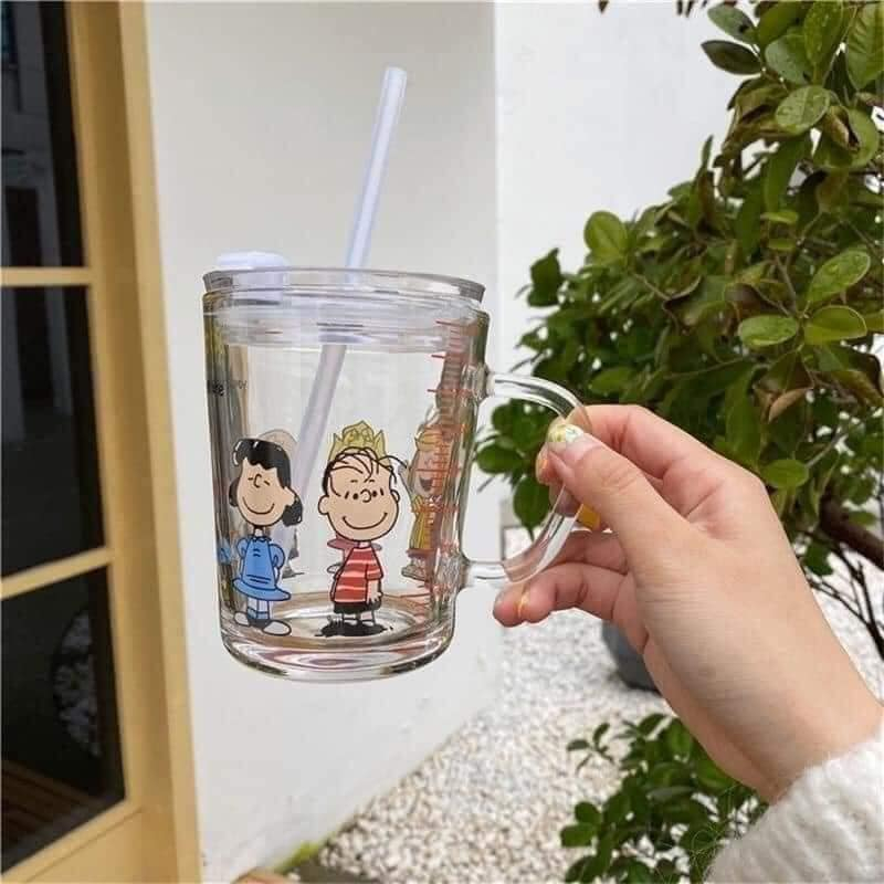 CỐC THỦY TINH CHIA VẠCH DUNG TÍCH 350ML CÓ ỐNG HÚT SILICON TIỆN LỢI