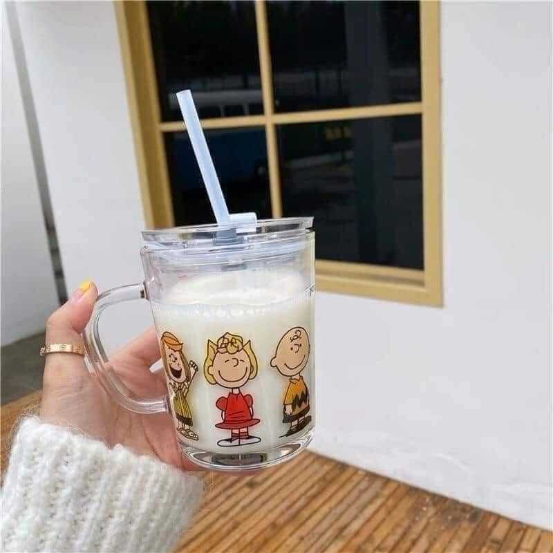 CỐC THỦY TINH CHIA VẠCH DUNG TÍCH 350ML CÓ ỐNG HÚT SILICON TIỆN LỢI