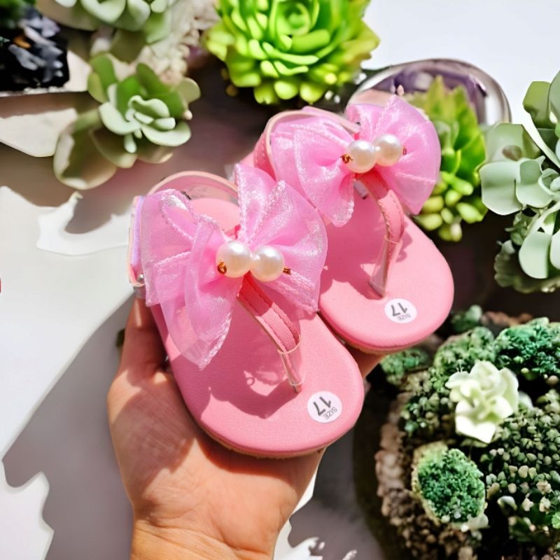 Giày xỏ ngón có quai dán cho bé gái dễ thương nơ chất liệu da PU