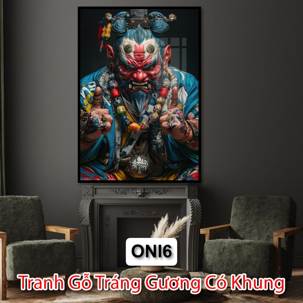 Tranh Quỷ Oni Treo Tường Tráng Gương Có Khung - Tranh Trang Trí Tiệm Xăm - Tiệm Cắt Tóc