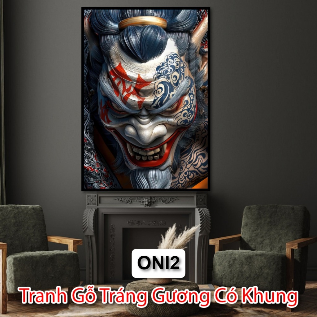 Tranh Quỷ Oni Treo Tường Tráng Gương Có Khung - Tranh Trang Trí Tiệm Xăm - Tiệm Cắt Tóc