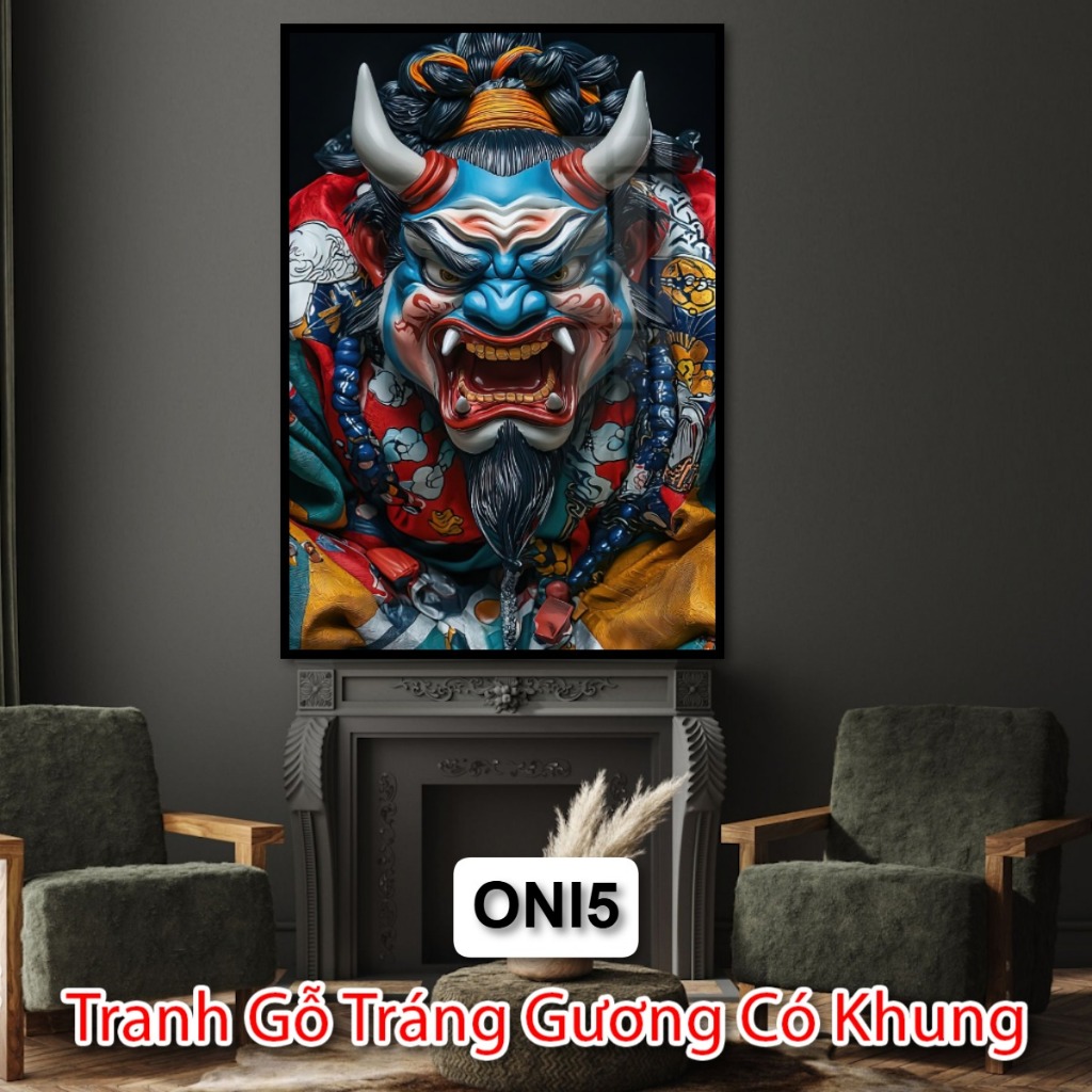 Tranh Quỷ Oni Treo Tường Tráng Gương Có Khung - Tranh Trang Trí Tiệm Xăm - Tiệm Cắt Tóc