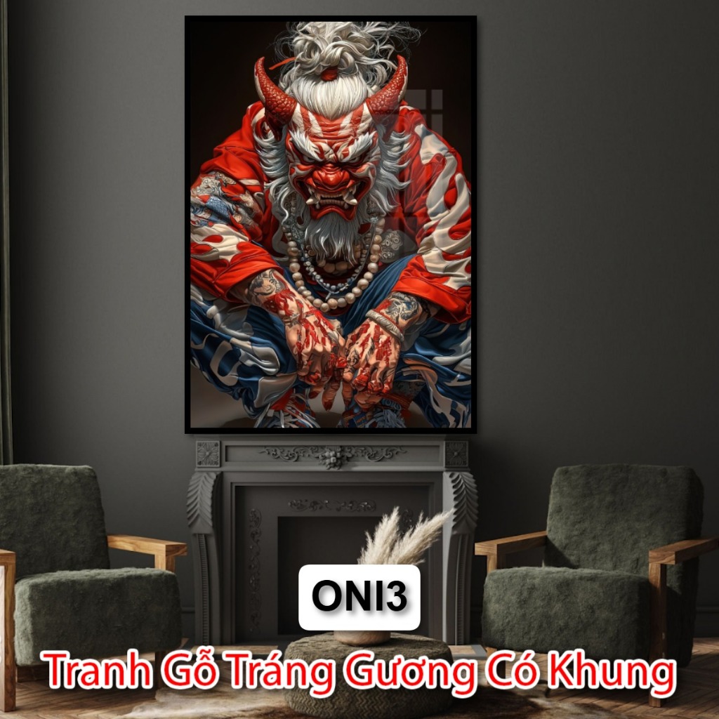 Tranh Quỷ Oni Treo Tường Tráng Gương Có Khung - Tranh Trang Trí Tiệm Xăm - Tiệm Cắt Tóc
