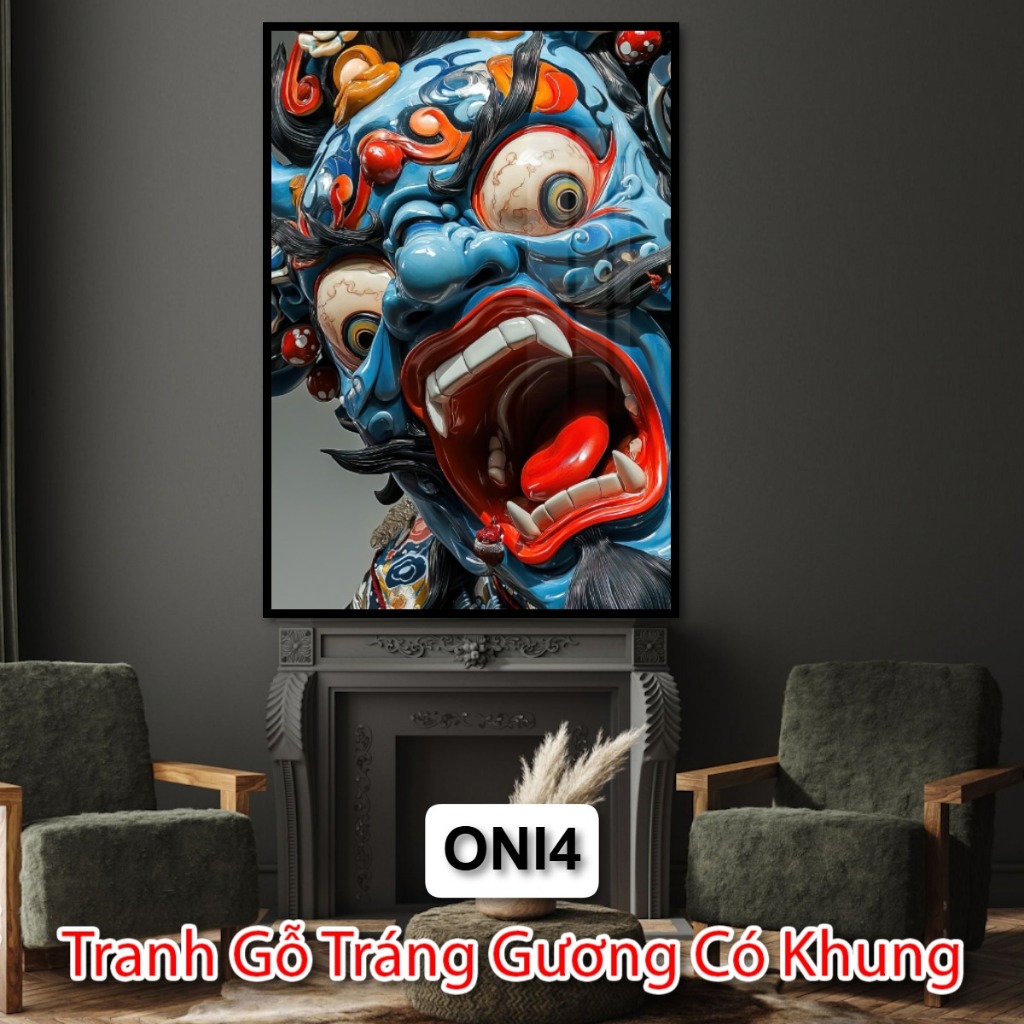Tranh Quỷ Oni Treo Tường Tráng Gương Có Khung - Tranh Trang Trí Tiệm Xăm - Tiệm Cắt Tóc