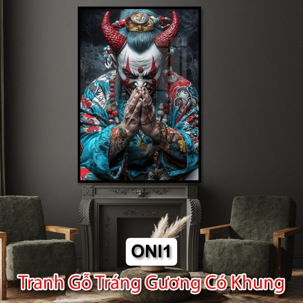 Tranh Quỷ Oni Treo Tường Tráng Gương Có Khung - Tranh Trang Trí Tiệm Xăm - Tiệm Cắt Tóc