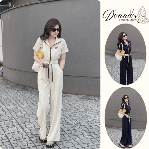Đồ bộ nữ, set đồ nữ kiểu dáng năng động áo cotton có kéo khóa phối quần chun dây buộc 2 màu đen trắng Donna hcom25244