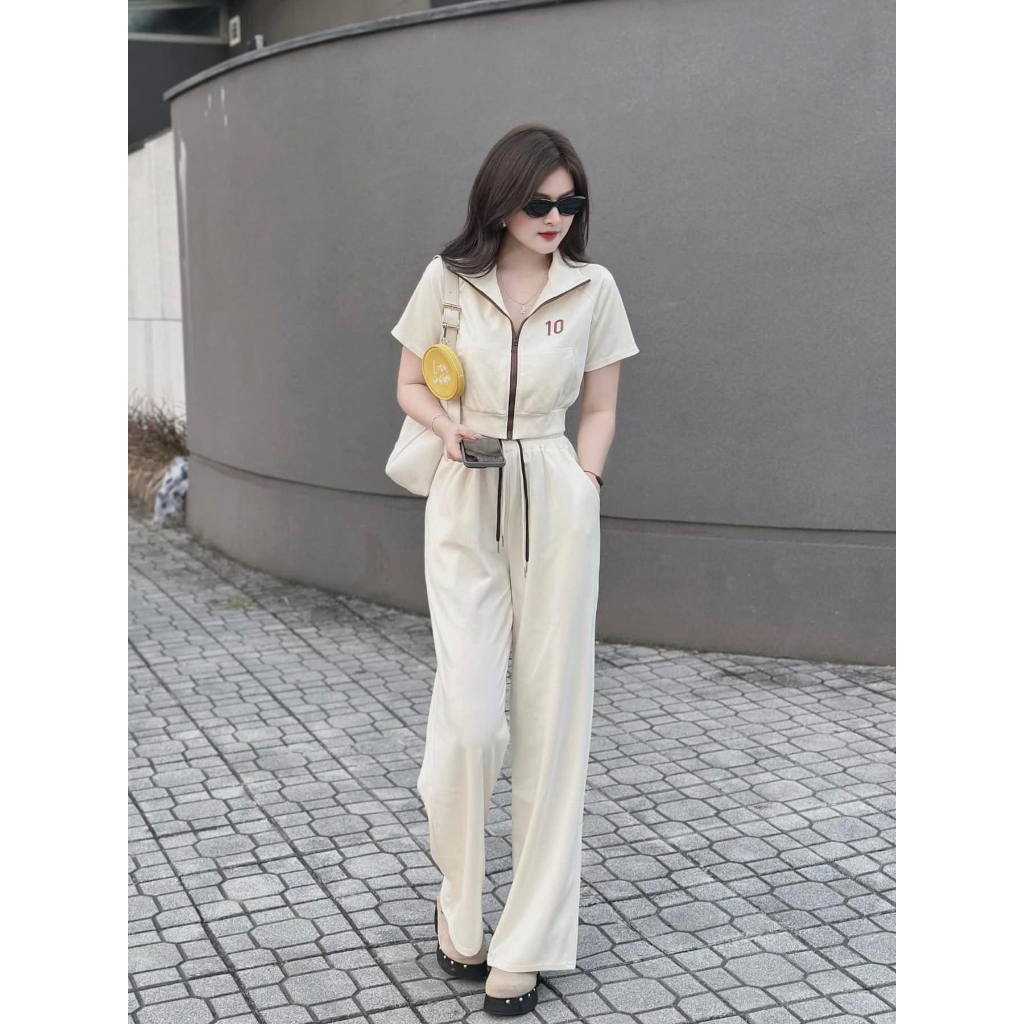 Đồ bộ nữ, set đồ nữ kiểu dáng năng động áo cotton có kéo khóa phối quần chun dây buộc 2 màu đen trắng Donna hcom25244