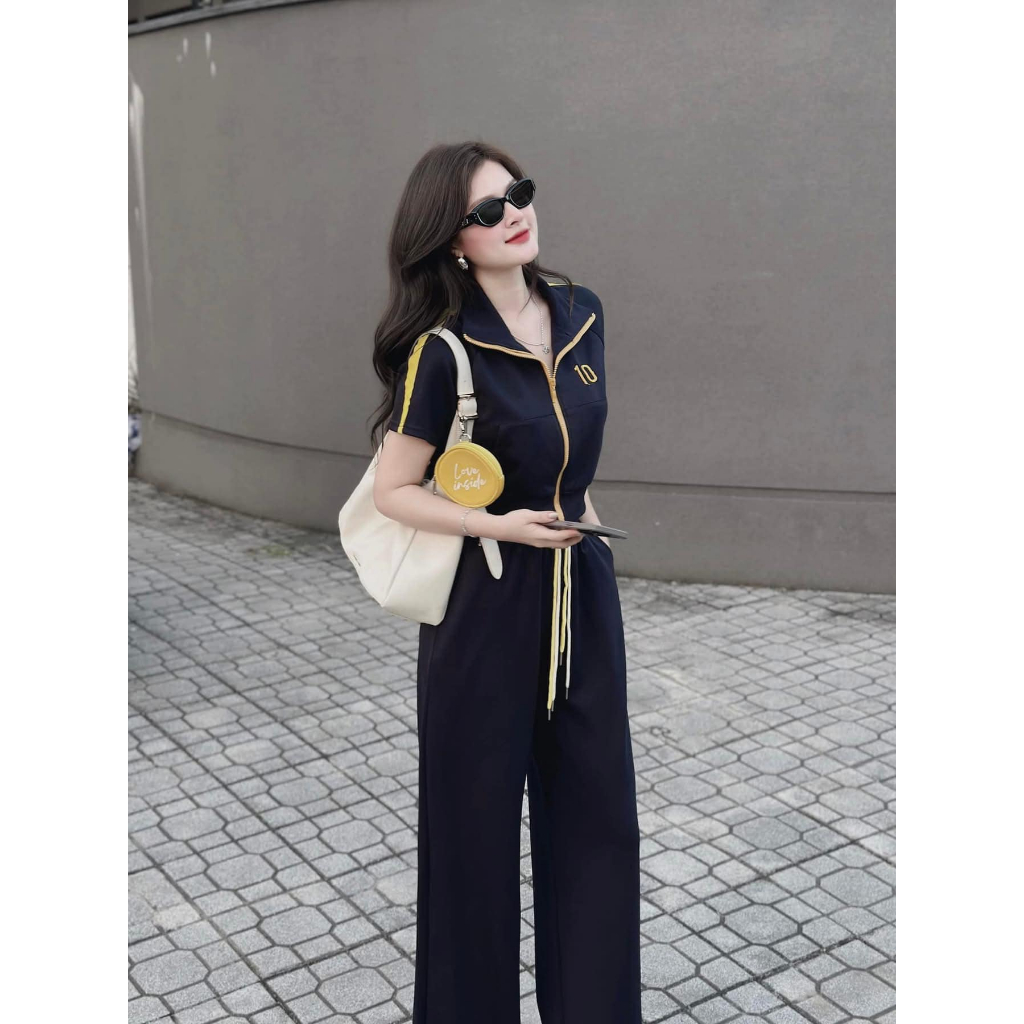 Đồ bộ nữ, set đồ nữ kiểu dáng năng động áo cotton có kéo khóa phối quần chun dây buộc 2 màu đen trắng Donna hcom25244