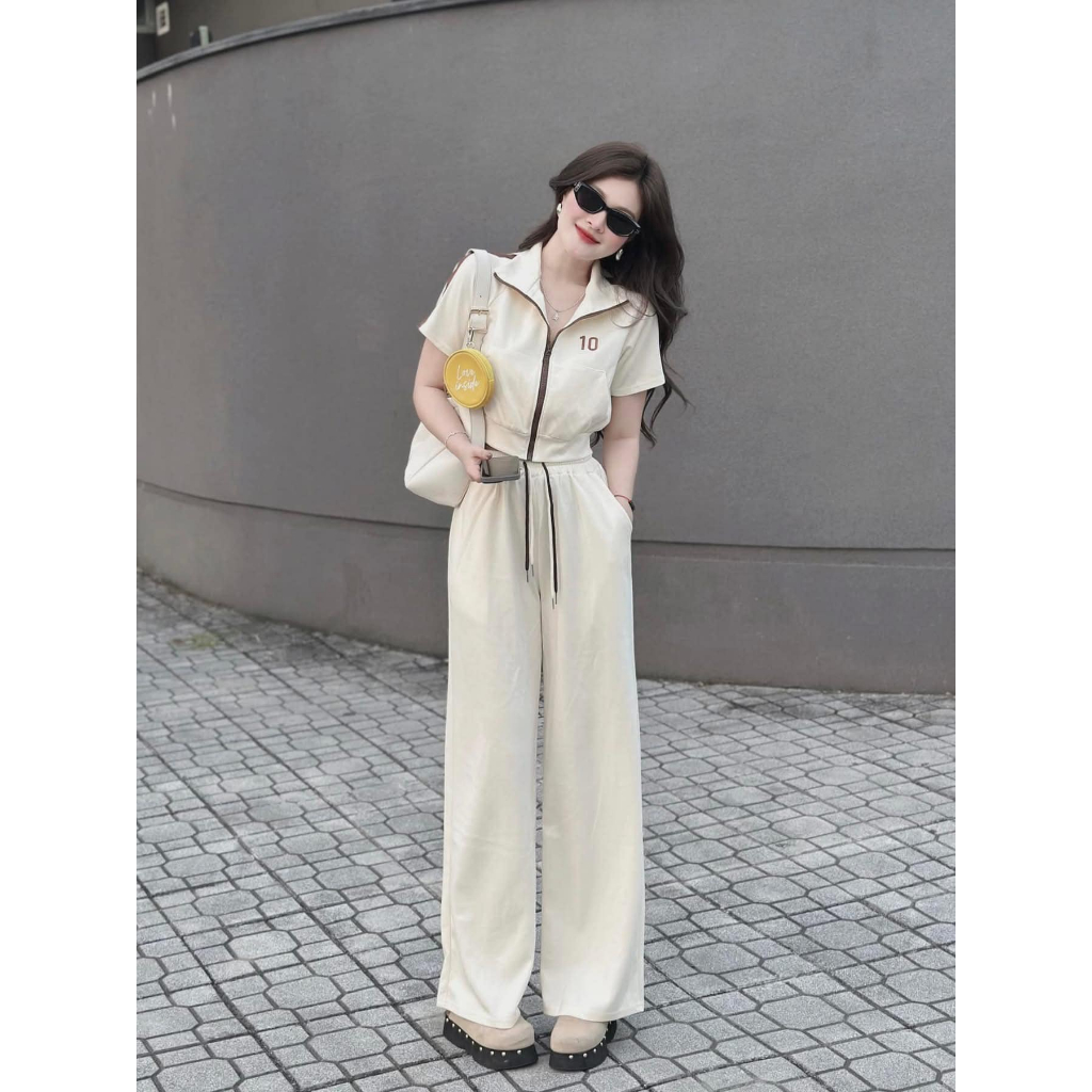 Đồ bộ nữ, set đồ nữ kiểu dáng năng động áo cotton có kéo khóa phối quần chun dây buộc 2 màu đen trắng Donna hcom25244