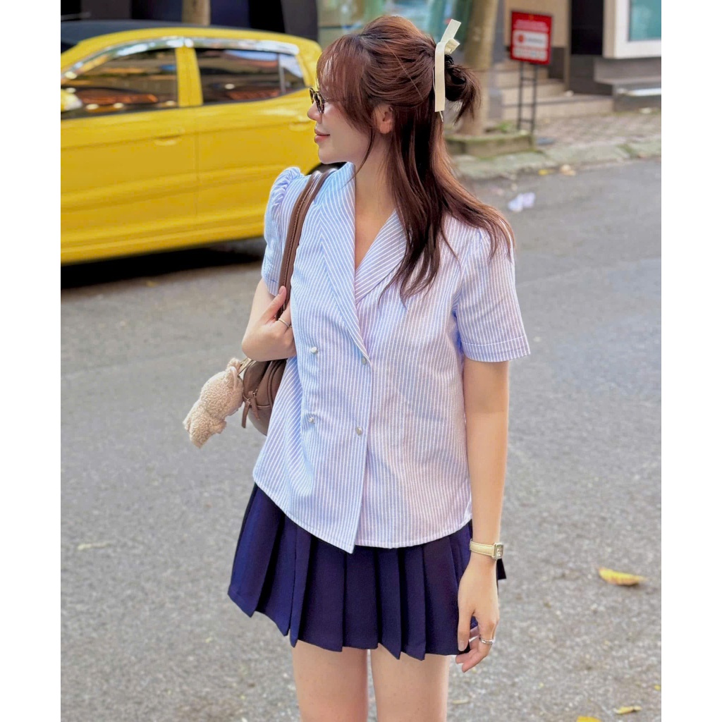 Áo Sơ Mi Nữ Ngắn Tay Cổ Vest Cúc Hai Hàng, Sơ Mi Kẻ Nữ Công Sở Kiểu Hàn Quốc Trẻ Trung - SM73