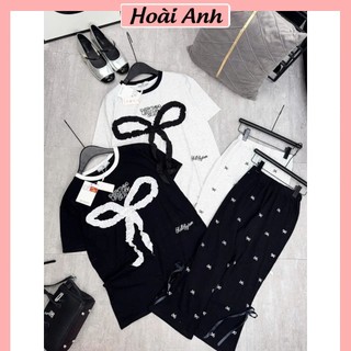 Set Bộ Đồ Nữ Áo Phông Dáng Nơ Thêu Nơ Ren Mix Quần Xuông Rộng In Nơ Đính Nơ Hai Bên Freesze