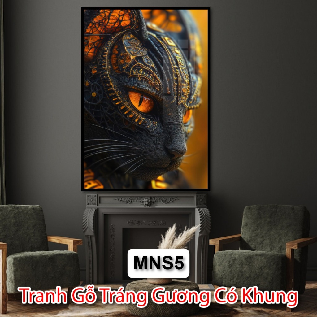 Tranh Mèo Nhân Sư - Tranh Tráng Gương Mèo Ai Cập - Tranh Trang Trí Phòng Khách - Khách Sạn